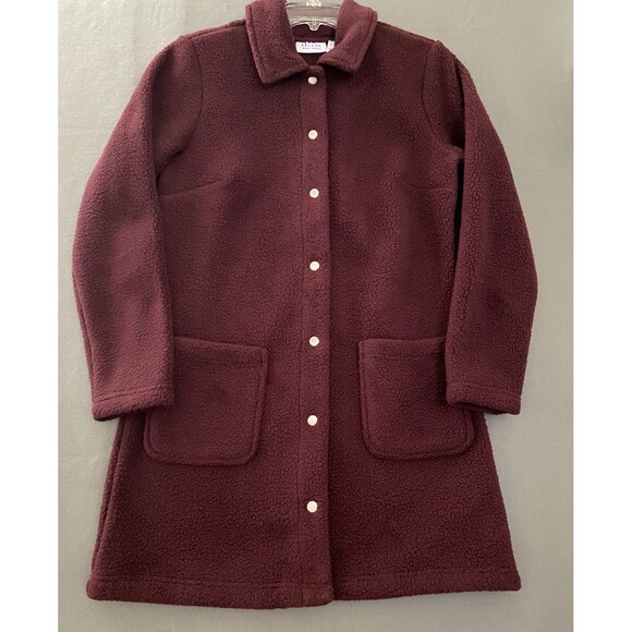 Denim‎ & Co Sherpa Jacket Womens Size XXS Dark Burgundy Long Length Warm Button - Picture 1 of 14